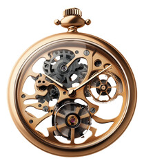 Fototapeta premium PNG Gold skeleton pocket watch with visible gears and intricate design