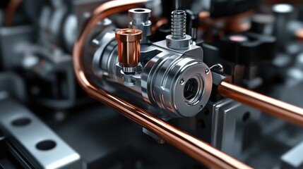 Fototapeta premium Detailed Close-Up of a Metallic Valve in a Modern Machinery Setup