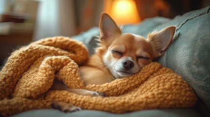 Cozy chihuahua puppy sleeping peacefully under a yellow blanket on a couch.