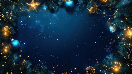 Fototapeta premium Magical Winter Night Christmas Frame with Glowing Stars and Pine Branches