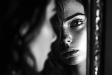 A striking black and white portrait of a young woman gazing pensively in the mirror. The interplay of light and shadow creates deep contrasts. Generative AI