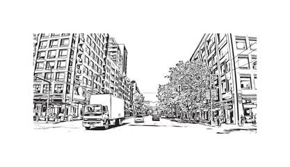 Print Building view with landmark of Vancouver is the city in Western Canada. Hand drawn sketch illustration in vector.