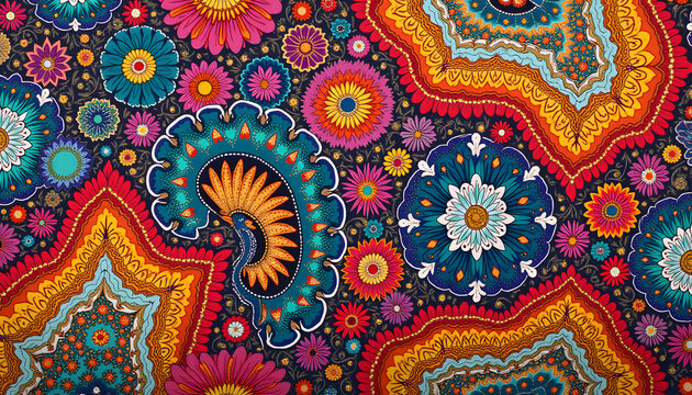 Vibrant Himalayan monal texture with colorful floral patterns, intricate design, natural colors
