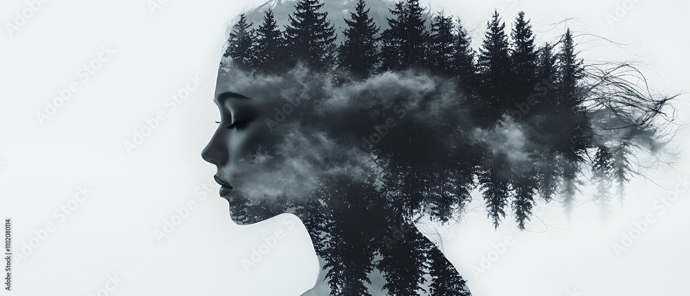 Poster artistic double exposure portrait of a woman with trees and clouds merging in hair, symbolizing natu