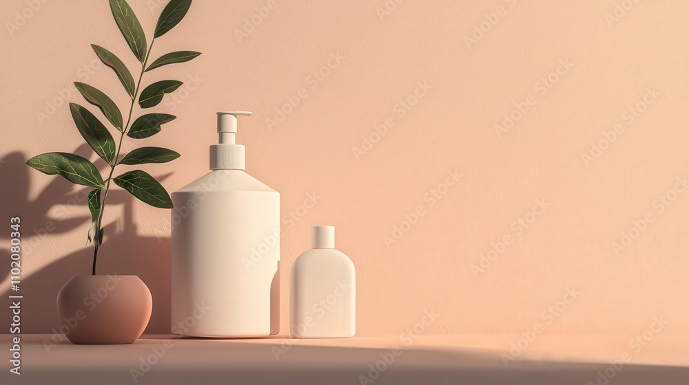 Poster serene minimalist presentation with skincare items and greenery in soft pastel colors for design ide