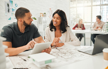 Blueprint, laptop and tablet with architecture team in office together for building or construction. Documents, model or planning with man and woman property developer people at work for engineering