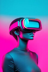Person wearing futuristic VR headset in vibrant neon lighting, exploring digital augmented reality.