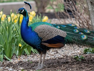 Obraz premium Majestic Indian Peafowl in Vibrant Spring Garden Setting