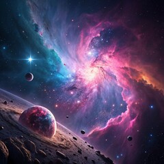 Vibrant cosmic nebula: swirling colors and planets. Stunning space art.