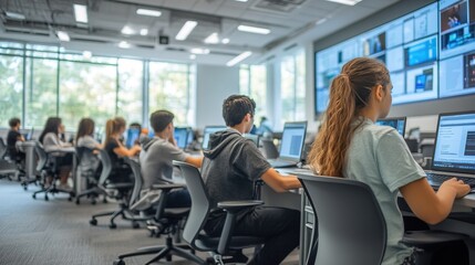 Fototapeta premium Students Learning in a Modern Classroom with Digital Screens and Technology