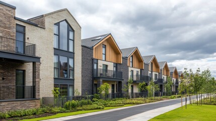 Modern residential buildings along a green pathway in a suburban neighborhood