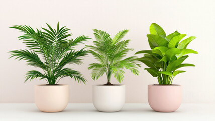 Fototapeta premium Three potted tropical plants in modern ceramic pots