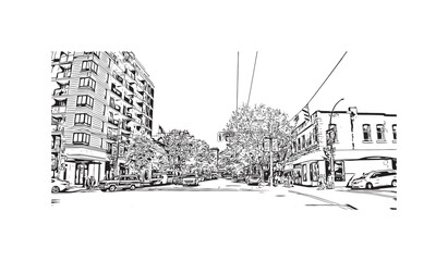Print Building view with landmark of Vancouver is the city in Western Canada. Hand drawn sketch illustration in vector.