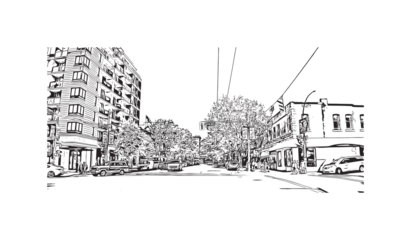 Print Building view with landmark of Vancouver is the city in Western Canada. Hand drawn sketch illustration in vector. © dhanu3182