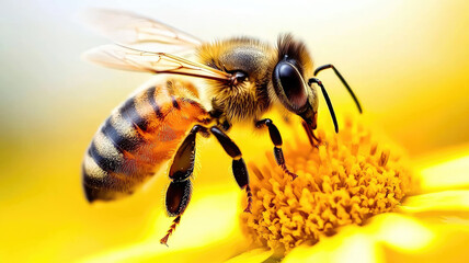 bee hovers near bright yellow daisy, collecting pollen