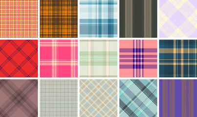 A plaid textile set with striped and check patterns, perfect for rustic shirts, trendy fabric prints, or classic wallpaper.