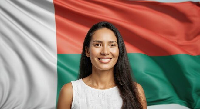 Confident woman posing in front of madagascar flag, embracing cultural pride and diversity