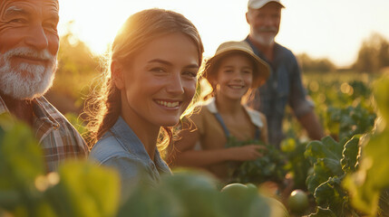 Fototapeta premium Multigenerational family enjoying sunny day on farm, smiling together while harvesting vegetables. warm sunlight creates joyful atmosphere