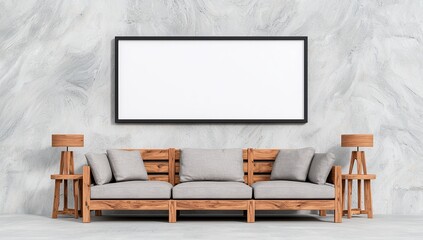 Interior design symbolizing creativity and minimalism, with a blank frame, sofa, plant, and lamp.