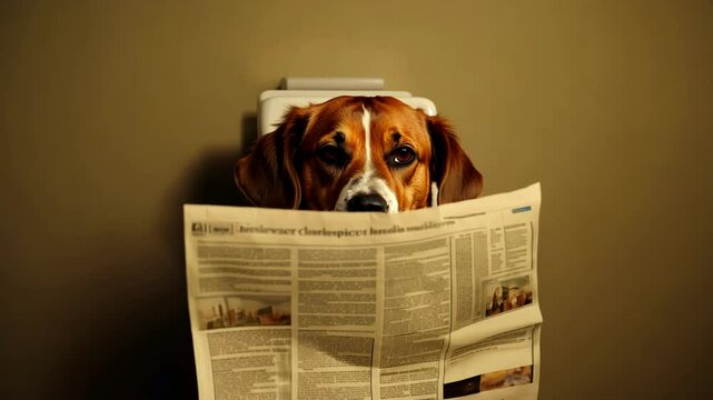 A dog sitting at a table reading a newspaper, creating a humorous and intelligent vibe. Perfect for playful and witty themes or pet-focused content.