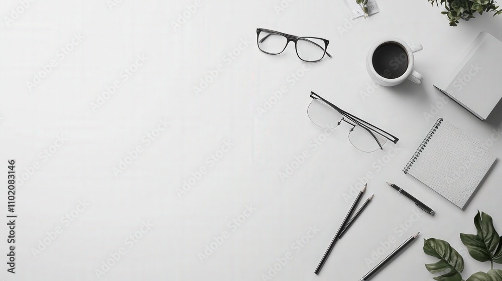 Poster Modern workspace essentials minimalist office mockup template clean environment top-down view professional concept
