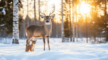 Fototapeta premium A deer gently nuzzles its fawn in a snowy forest setting during twilight. Soft, warm lights twinkle in the background, creating a serene and enchanting atmosphere