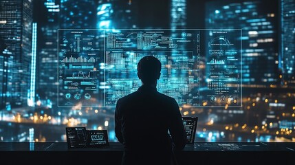 Fototapeta premium Man Analyzing Financial Data with a Hologram Chart 