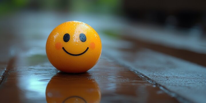 A brightly colored, cheerful orange smiley face ball on a wet wooden surface evokes feelings of positivity and joy, reflecting happiness even on a rainy day