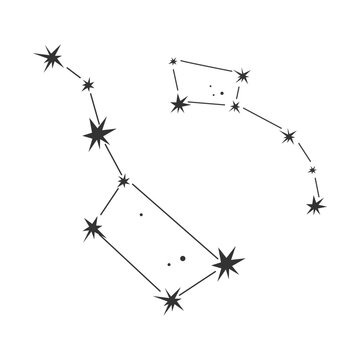 Minimalistic illustration of the Big Dipper and Little Dipper constellations in black and white. Perfect for astronomy, astrology, stargazing, and celestial-themed designs.