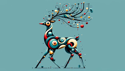 Whimsical deer with colorful ornaments walking against a vibrant backdrop of serene blue shades