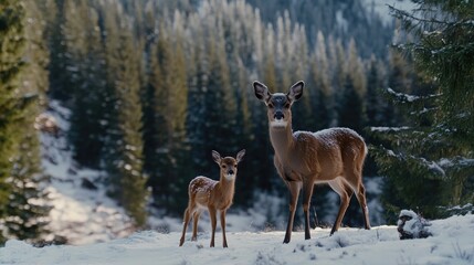 A deer gently nuzzles its fawn in a snowy forest setting during twilight. Soft, warm lights twinkle in the background, creating a serene and enchanting atmosphere