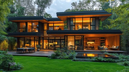 Modern architecture showcases a stunning house surrounded by lush greenery at dusk