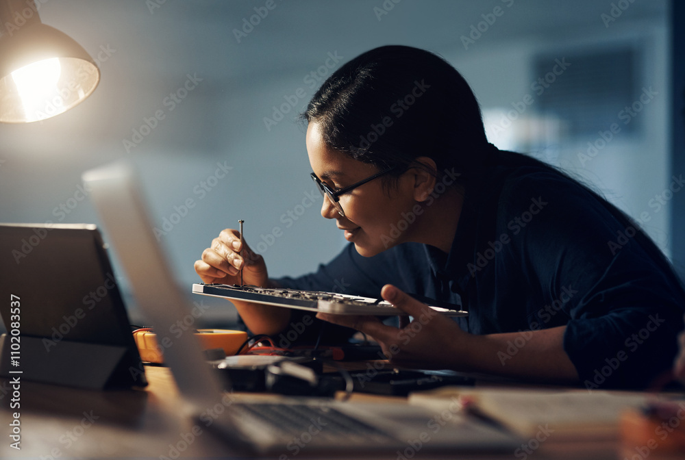 Poster woman, computer and technician on motherboard at night, repair circuit hardware in workplace. female