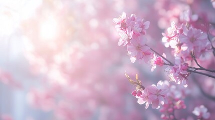 Fototapeta premium Cherry Blossom Dream: Delicate pink cherry blossoms bathed in warm sunlight, a dreamy floral backdrop symbolizing renewal, beauty, and the fleeting nature of time. 