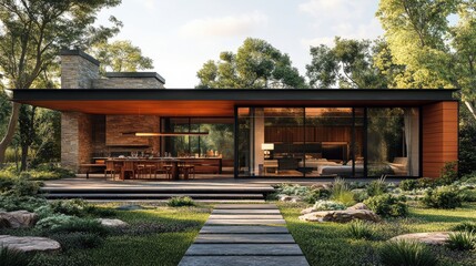 Modern house design with expansive glass and natural surroundings in bright daylight