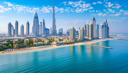 Obraz premium Fog over the Photograph Aerial view of the Dubai skyline with building