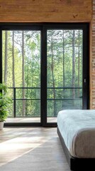 Fototapeta premium A well-designed bedroom features large glass windows revealing a calming view of nature as dusk sets in. Soft lighting and natural elements enhance the cozy ambiance