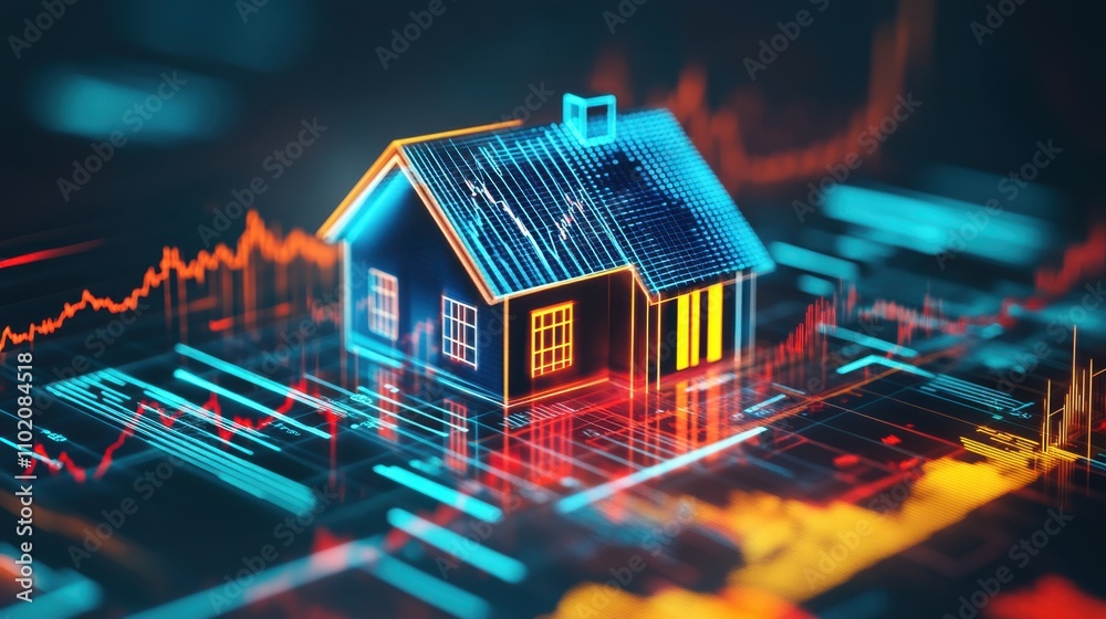 Poster digital house model with graphs and data visualizations in background