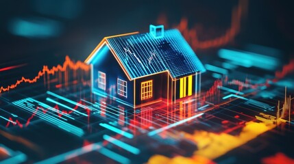 Digital House Model with Graphs and Data Visualizations in Background