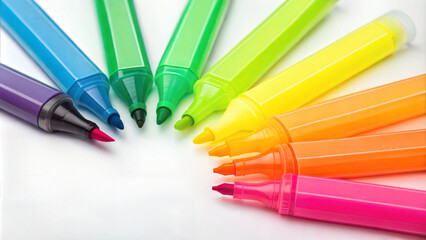 Brightly colored highlighters arranged in a semi-circle on white.