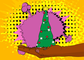 Cartoon, comic book human hands holding Christmas decorated pine tree. Retro vector comics pop art design.