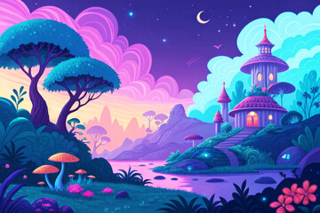 Fantasy landscape with vibrant colors and magical scenery. Game concept. 