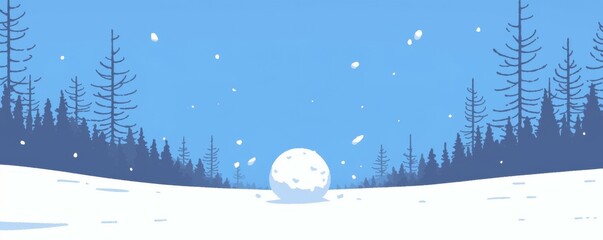 Wide banner. Snowball in a snowy landscape with pine trees and a clear blue sky.