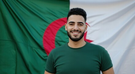 Proud algerian man smiling in front of national flag representing diversity and patriotism for cultural celebrations