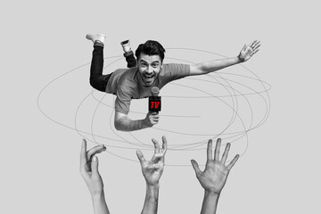 Composite photo collage of happy guy correspondent fly human hands hold microphone tv news...