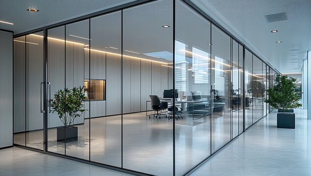 Modern Interior design of an open office with glass partitions and management office.