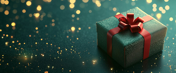 Obraz premium Green gift box with red ribbon and bow on dark green background with golden bokeh lights. New year 2025 2026 copy space concept 