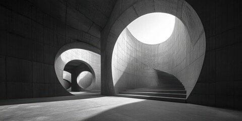 An intriguing architectural space showcasing modern minimalist concrete structures with circular openings and winding staircases in natural light