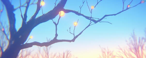 Wide banner. Serene tree branches with glowing lights against a pastel sky.