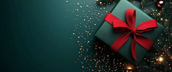 Christmas present box New year green gift box with red ribbon and bow with copy space for text festive winter holidays season banner